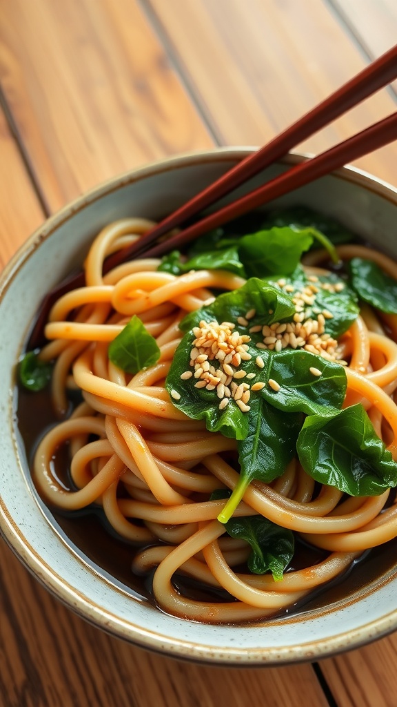 Bowl of spinach udon noodles with soy sauce, garnished with sesame seeds and spinach.